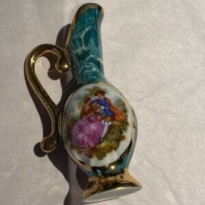 Teal and Gold Porcelain Decorative Ewer with Romantic Scene